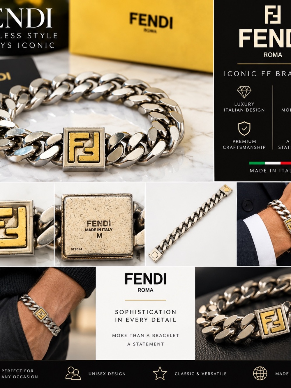 Fendi Silver and Gold FF-Emblem Cuban Link Bracelet